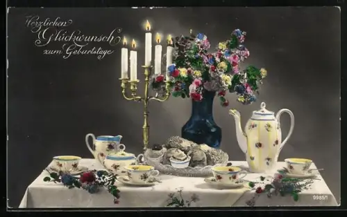 Foto-AK HB Nr. 9985/1: Prächtig gedeckter Tisch mit Kerzenleuchter