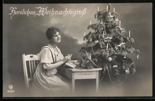 Foto-AK HB Nr. 8007/1: Junge Dame sitzt mit Geschenken an einem Tisch