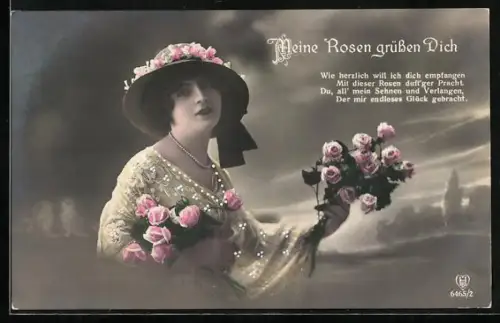 Foto-AK HB Nr. 6465/2: Junge Dame mit Hut und Rosen, Meine Rosen grüssen Dich
