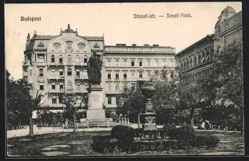 AK Budapest, Josef-Platz mit Standbild
