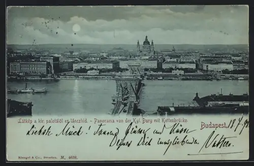 Mondschein-AK Budapest, Panorama von der kgl. Burg mit Kettenbrücke
