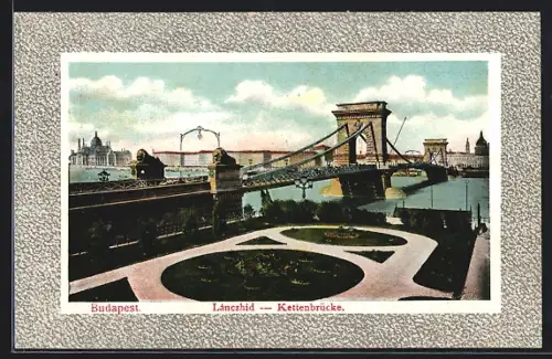 AK Budapest, Kettenbrücke mit Anlagen am Ufer