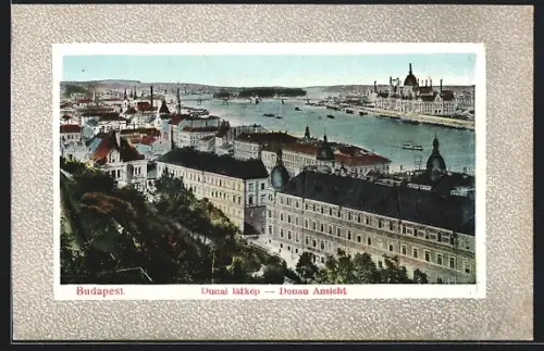 AK Budapest, Donau-Ansicht aus der Vogelschau