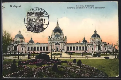 AK Budapest, Széchenyi artesisches Bad im Stadtwäldchen