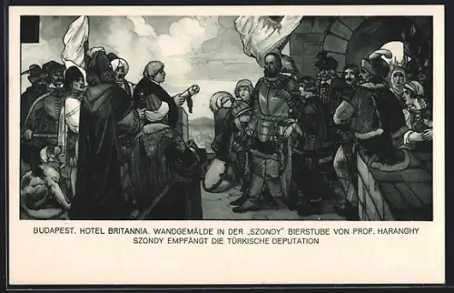 AK Budapest, Hotel Britannia, Wandgemälde in der Szondy-Bierstube von Prof. Haranghy