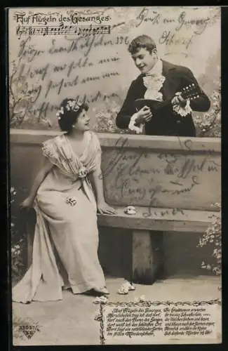 Foto-AK BNK Nr. 33037/4: Junger Mann spielt für Frau Gitarre, Auf Flügeln des Gesanges, Lied mit Noten