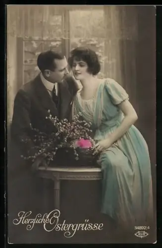 Foto-AK BNK Nr. 34892/4: Pärchen mit Osterkorb, Ostergruss