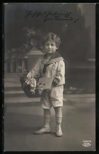 Foto-AK BNK Nr. 34624/6: Kleiner Junge mit Blumenkorb, Glückwunsch zum Namenstag