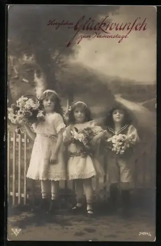 Foto-AK BNK Nr. 34094/4: Drei Kinder mit Blumenkörben, Glückwunsch zum Namenstag