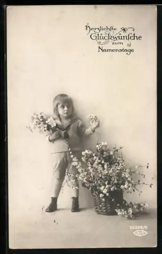 Foto-AK BNK Nr. 35288/6: Kleiner Junge mit Blumenkorb, Glückwunsch zum Namenstag