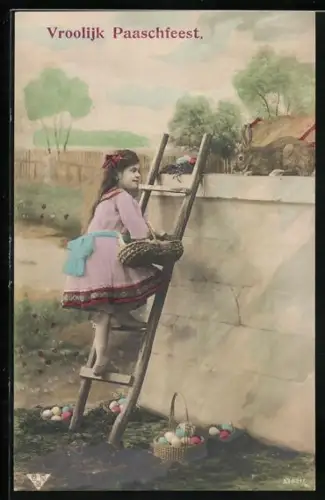 Foto-AK BNK Nr. 33821/4: Mädchen auf Leiter mit Osterhasen, Ostergruss