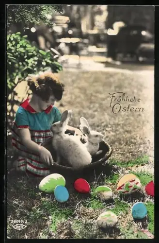 Foto-AK BNK Nr. 36060/3: Mädchen mit Osterhasen, Ostergruss