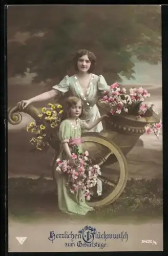 Foto-AK BNK Nr. 34200/4: Frau und Mädchen mit Blumenwagen, Geburtstagsgruss