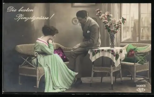 Foto-AK BNK Nr. 34905/6: Eleganter Herr bei einer Dame, Pfingstgruss