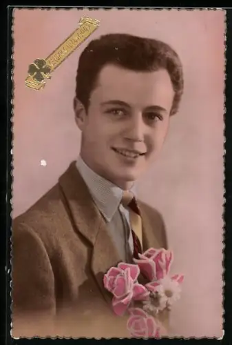 Foto-AK A. Noyer Nr. 2230: Junger Kavalier mit Rosen, Neujahrsgruss