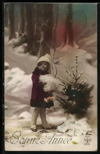 Foto-AK A. Noyer Nr. 2931: Kleines Mädchen im schneebedeckten Wald, Bonne Année