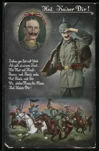 Künstler-AK Kaiser Wilhelm II. im Portrait, Kavallerie im Gefecht