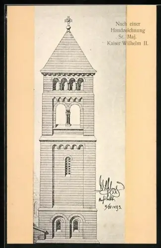 AK Handzeichnung Kaiser Wilhelm II., Entwurf Turm Erlöserkirche Jerusalem, Fürsorge für Lungenkranke
