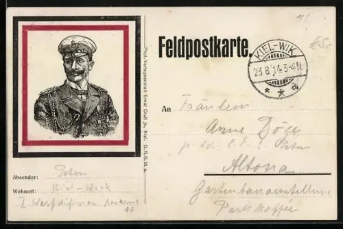 AK Portrait Kaiser Wilhelm II. im schwarz-weiss-roten Rahmen, Feldpostkarte
