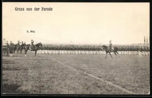 AK Gruss von der Parade, Kaiser Wilhelm II. salutiert zu Pferde