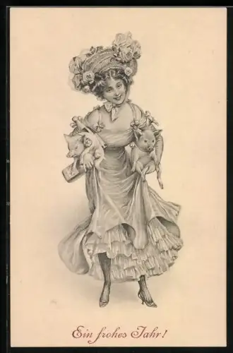 Künstler-AK H. Christ Nr. 123: Dame trägt zwei Glücksschweine unter den Armen, Neujahrsgruss