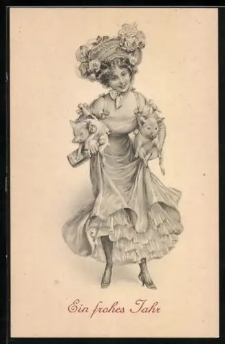 AK junge Frau im Kleid mit Schweine im Arm