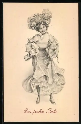 AK junge Frau im Kleid mit Schweine im Arm