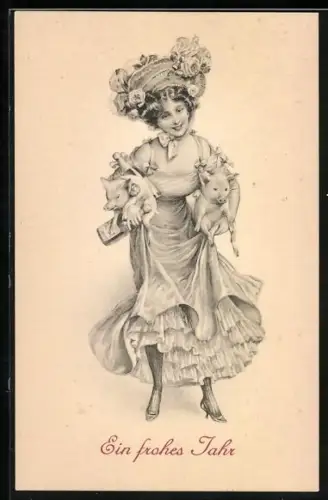 AK junge Frau im Kleid mit Schweine im Arm