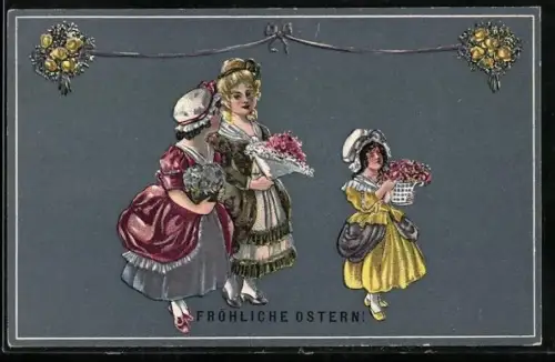 AK Drei Mädchen in hübschen Kleidern halten Blumensträusse in der Hand, Ostern