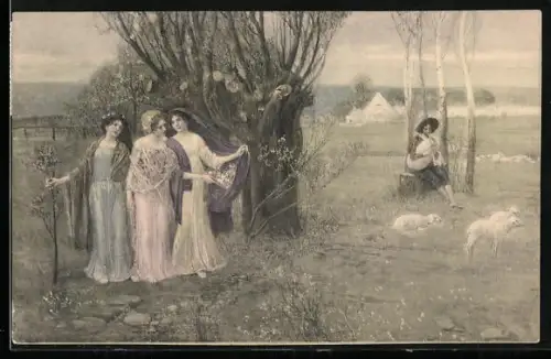 Künstler-AK H. Christ Nr. 110: Drei Damen beobachten einen Hirten