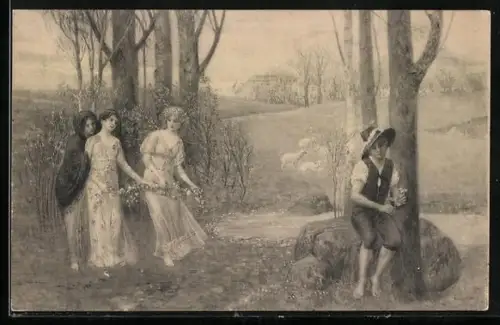 Künstler-AK H. Christ Nr. 110: Drei Frauen und ein Hirte auf einer Weide