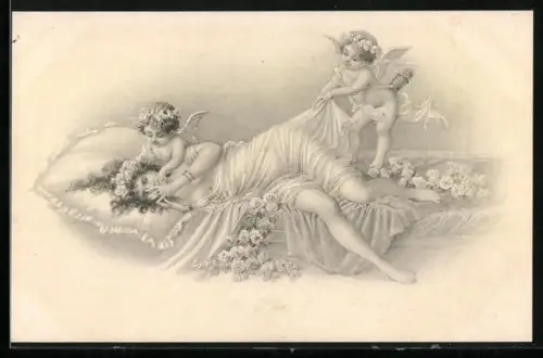 Künstler-AK H. Christ Nr. 195: Amor zieht am Rock einer Frau