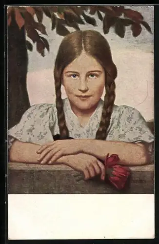 Künstler-AK G. Hirth`s Verlag, Serie VI, 6, Ludwig von Zumbusch: Das Luiserl, Portrait eines Mädchens mit Flechtzöpfen