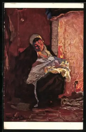 Künstler-AK G.Hirth`s Verlag, Serie XXI, 3. sign. Prof. H. von Bartels: Am Herdfeuer