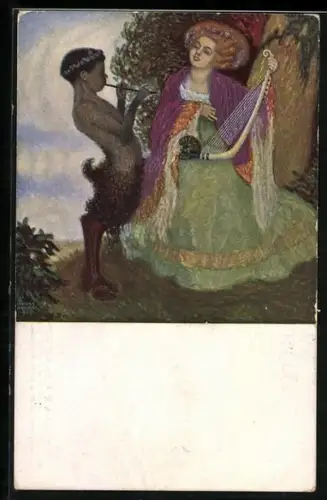 Künstler-AK G. Hirth`s Verlag, Serie XXVI, 6: Scherzo, Flöte, Harfe