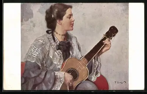 Künstler-AK G. Hirth`s Verlag, Serie XXIII, 6: Mädchen spielt ein Lied auf der Gitarre