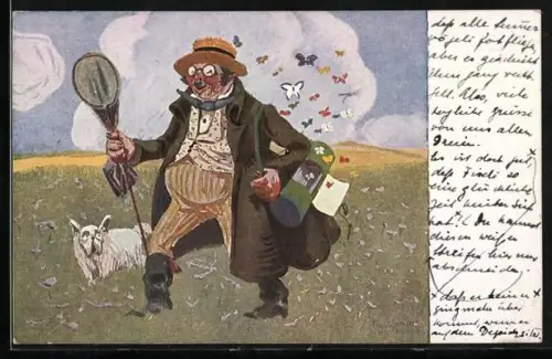 Künstler-AK G. Hirth`s Verlag, Serie: XXVIII, 1., Schmetterlingssammler mit Kescher und Hund