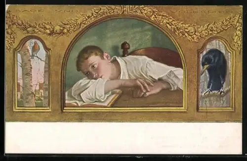 Künstler-AK G. Hirth`s Verlag, Nr. 48: Sage und Volkslied, Tagträumender Knabe über einem Buch