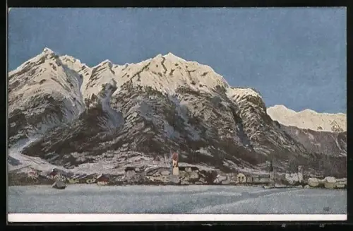 Künstler-AK G. Hirth`s Verlag, Serie: XXV, 4., Dorf mit Alpenpanorama im Schnee