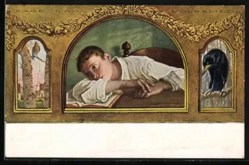 Künstler-AK G. Hirth`s Verlag, Nr. 48: Sage und Volkslied, Tagträumender Knabe über einem Buch
