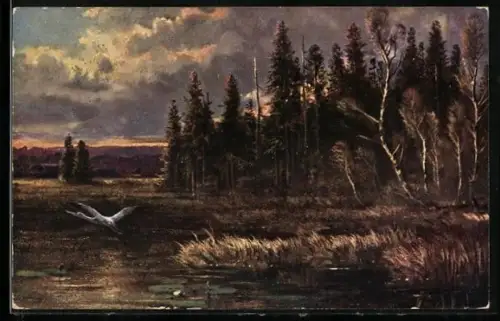 Künstler-AK Theo Stroefer Serie Nr. 490: Kranich in idyllischer Landschaft