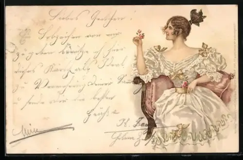 Künstler-AK Theo Stroefer: Dame in elegantem Kleid mit Rosen