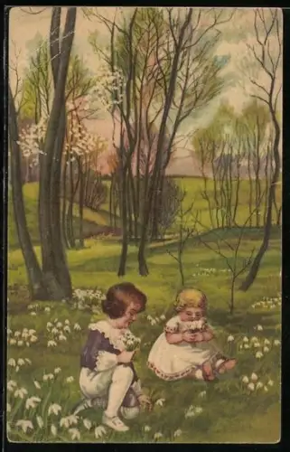 Künstler-AK Wenau-Pastell: Zwei Kinder auf einer idyllischen Blumenwiese