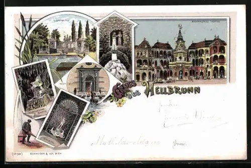 Lithographie Hellbrunn, Regen-Grotte, Tischgrotte, Vogelsang-Grotte, Mechanisches Theater