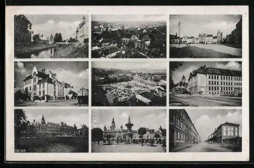 AK Budweis-Ceske Budejovice, Ortsansichten, Strassenpartie, Wasserpartie mit Brücke, Brunnen, Ansicht aus der Vogelschau