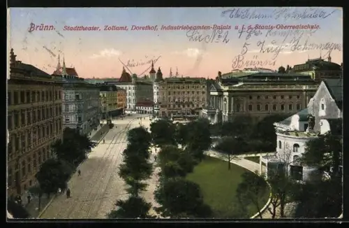 AK Brünn-Brno, Stadttheater, Zollamt, Dorethof, Industriebeamten-Palais, Staats-Oberrealschule