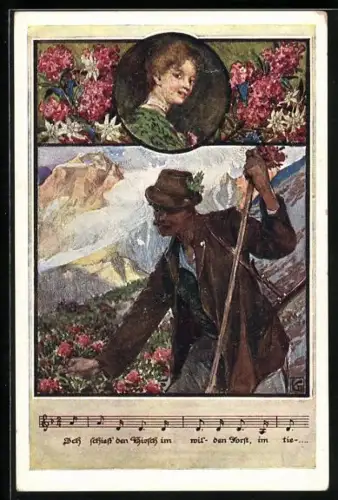 Künstler-AK Karl Friedrich Gsur, Deutscher Schulverein: Lied: Ich schiess den Hirsch im wilden Forst, Jäger