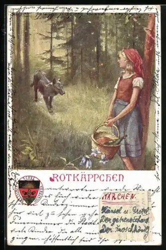 Künstler-AK Deutscher Schulverein Nr. 59: Rotkäppchen begegnet Wolf im Wald