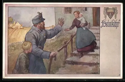 AK Deutscher Schulverein Nr. 697: Heimkehr, österreichischer Soldat und Familie