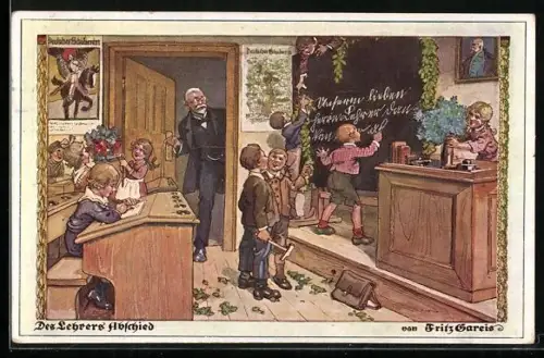 Künstler-AK Fritz Gareis: Deutscher Schulverein NR 812: Schüler bereiten ihrem Leser einen festlichen Abschied